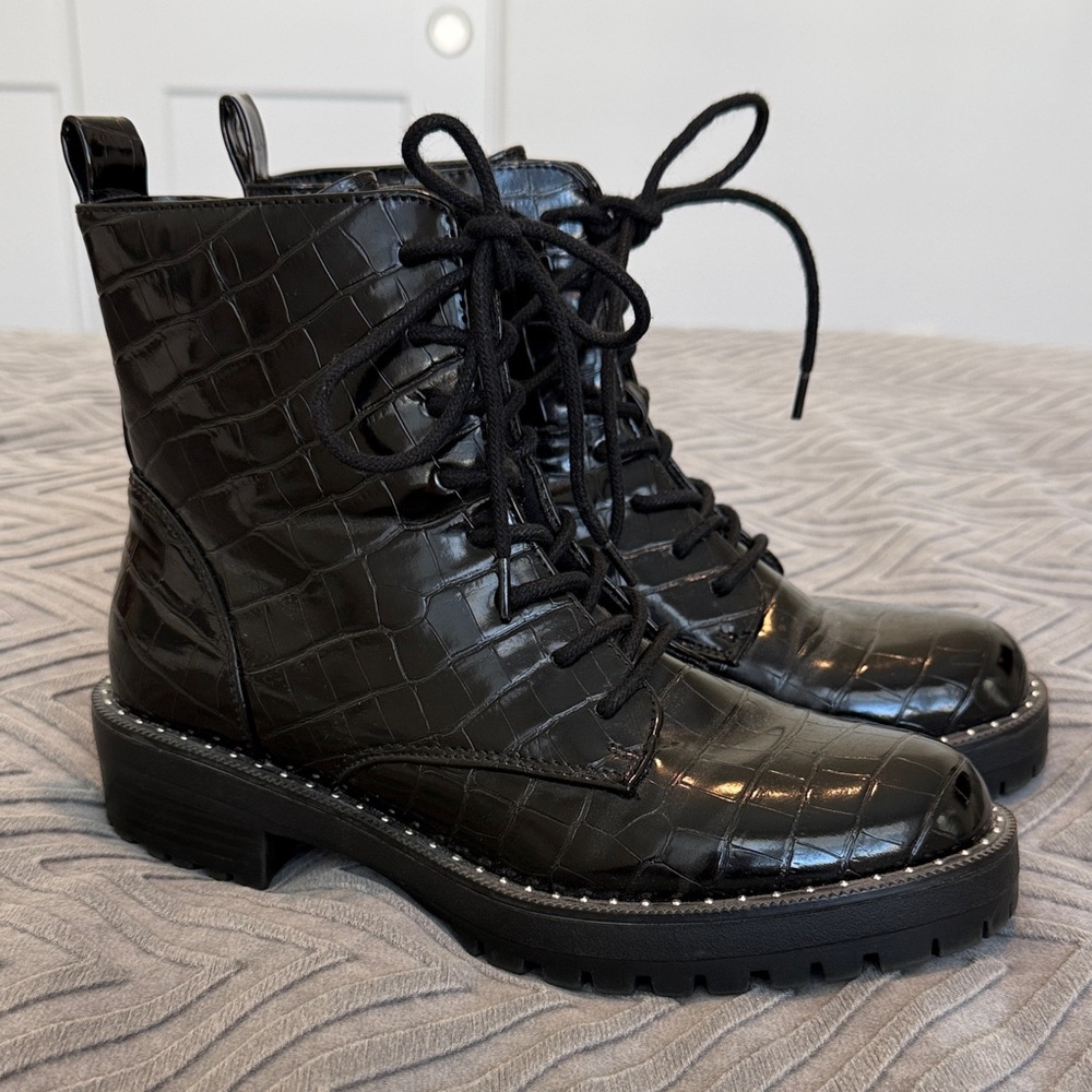 A New Day Black Croc-Embossed Lace-Up Comabt Boots